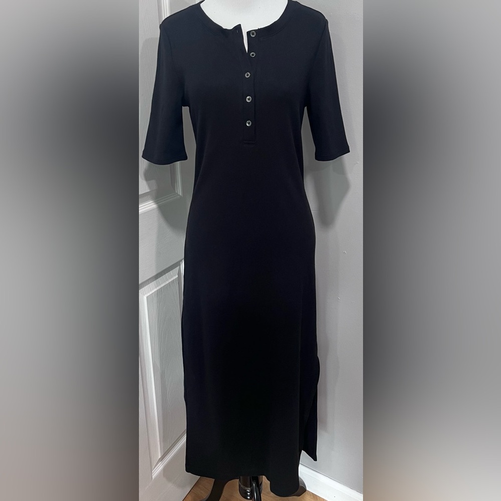 NWT CALVIN KLEIN JEANS HENLEY ANKLE LENGTH BALLET SLEEVE RIBBED BLACK DRESS PM
